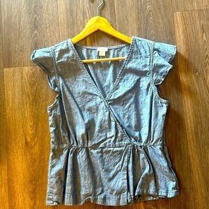 Chambray peplum faux wrap‎ top, J by J Crew. Sz 10